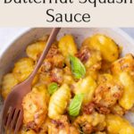 Chicken and gnocchi in creamy butternut squash sauce pinnable image.