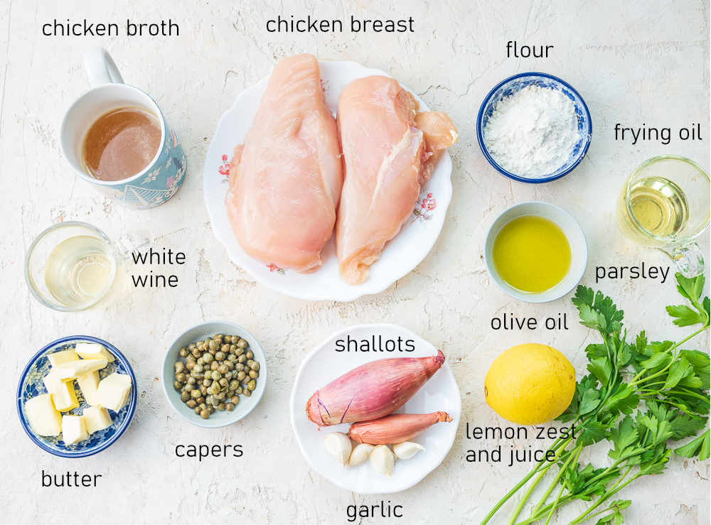 Labeled ingredients for chicken piccata.