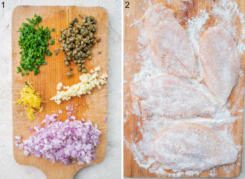 Chopped ingredients for chicken piccata sauce. Chicken fillets dusted in flour on a wooden board.