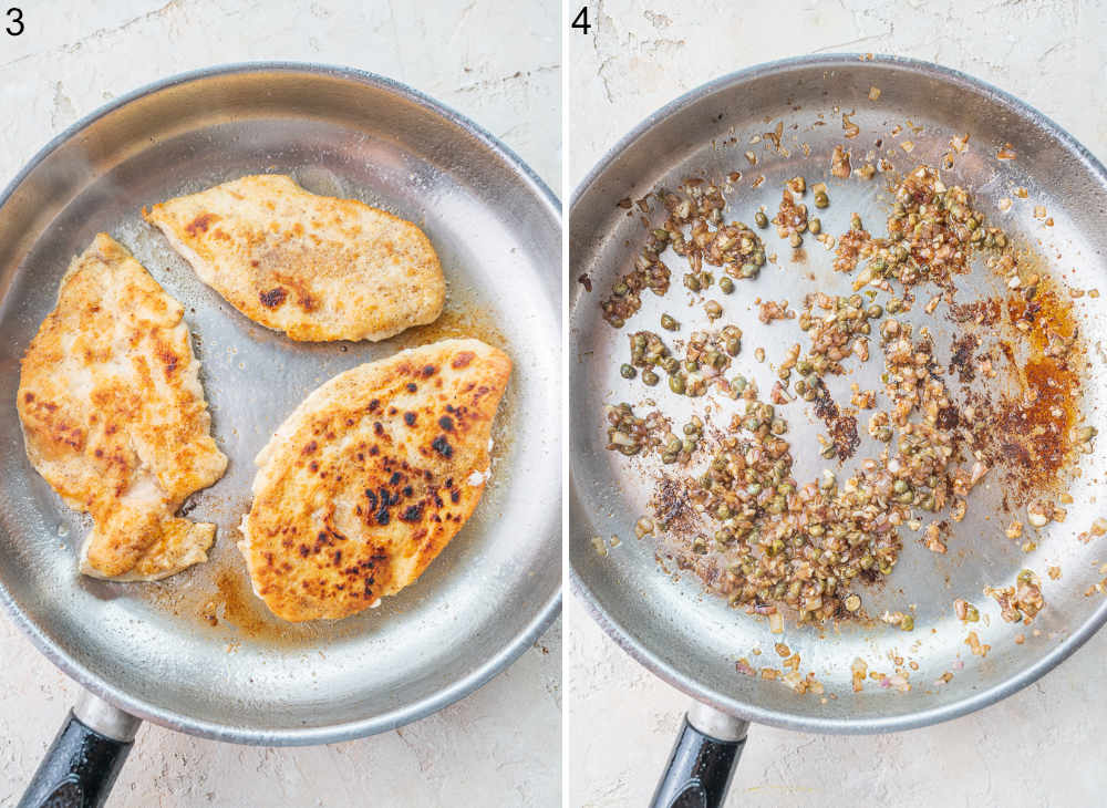 Pan-fried chicken fillets in a pan. Sauteed onions, garlic, and capers in a pan.