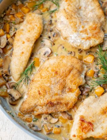 Chicken with creamy butternut squash and mushroom sauce in a pan.
