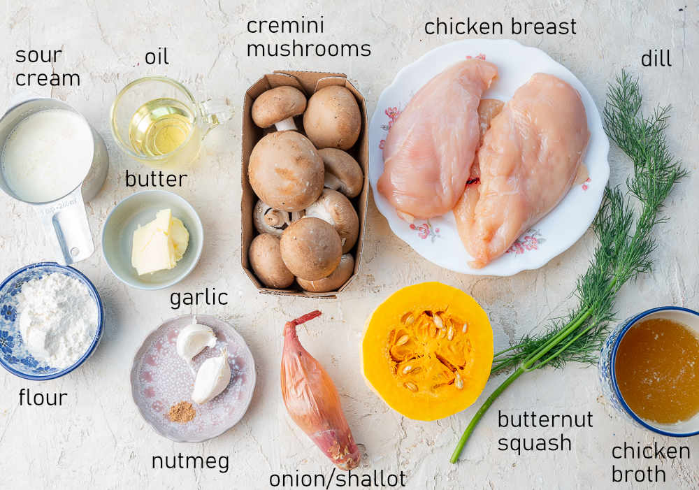 Labeled ingredients for Chicken with Creamy Butternut Squash and Mushroom Sauce.