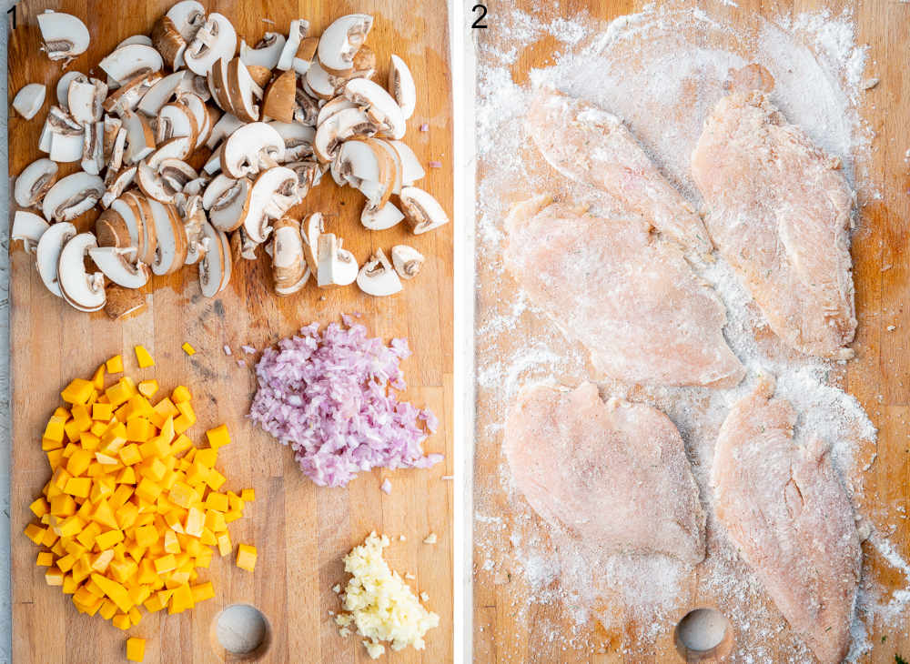 Chopped vegetables and mushrooms on a wooden board. Chicken fillets dredged in flour on a wooden board.