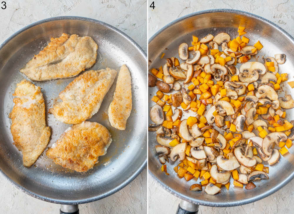 Pan-fried chicken in a pan. Sauteed mushrooms and butternut squash in a pan.