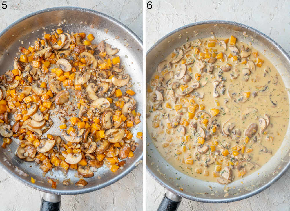 Creamy sauce with mushrooms and butternut squash in a pan.