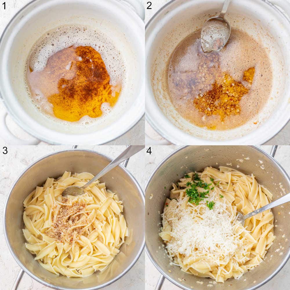 A collage of 4 photos showing how to make buttered noodles step by step.