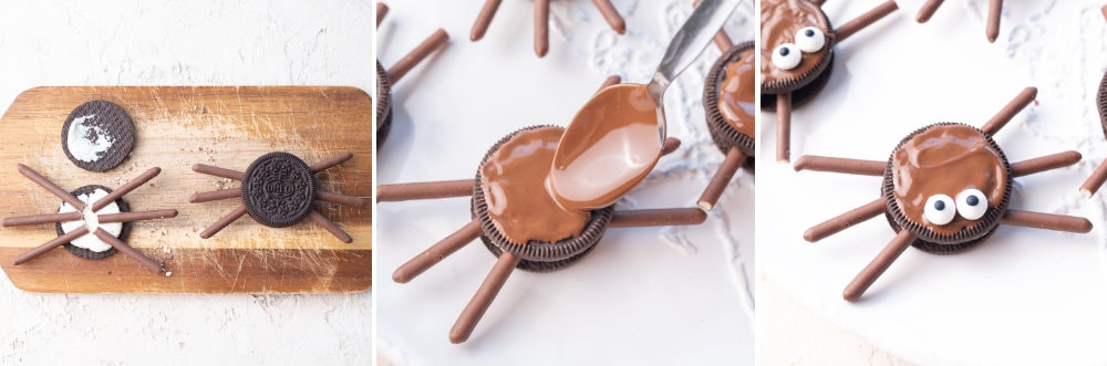 A collage of three photos showing how to make oreo spiders step by step.