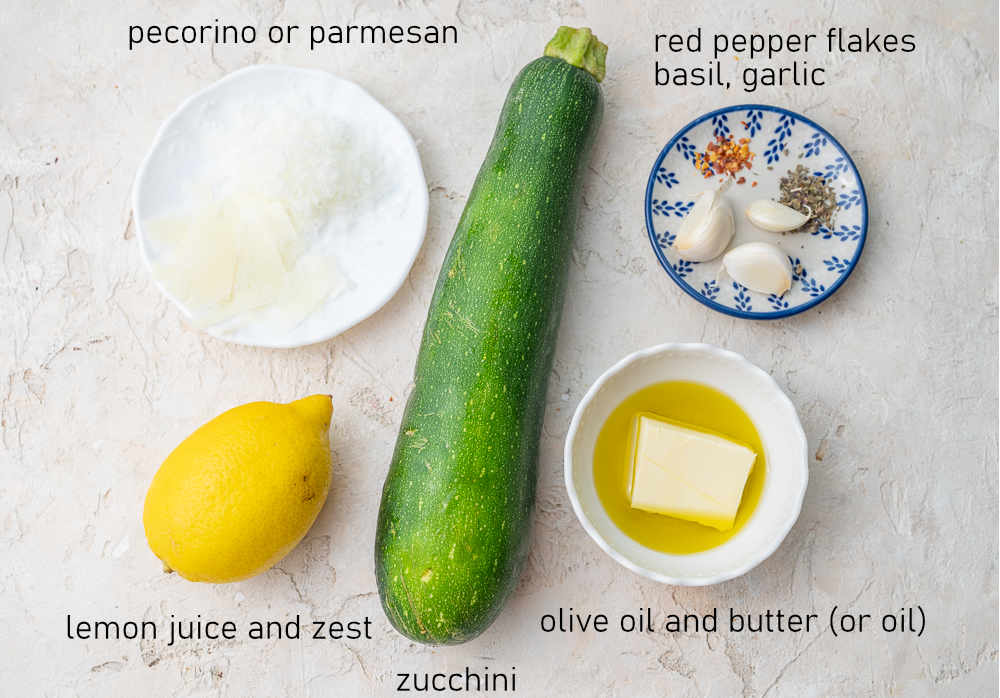 Labeled ingredients for sauteed zucchini.