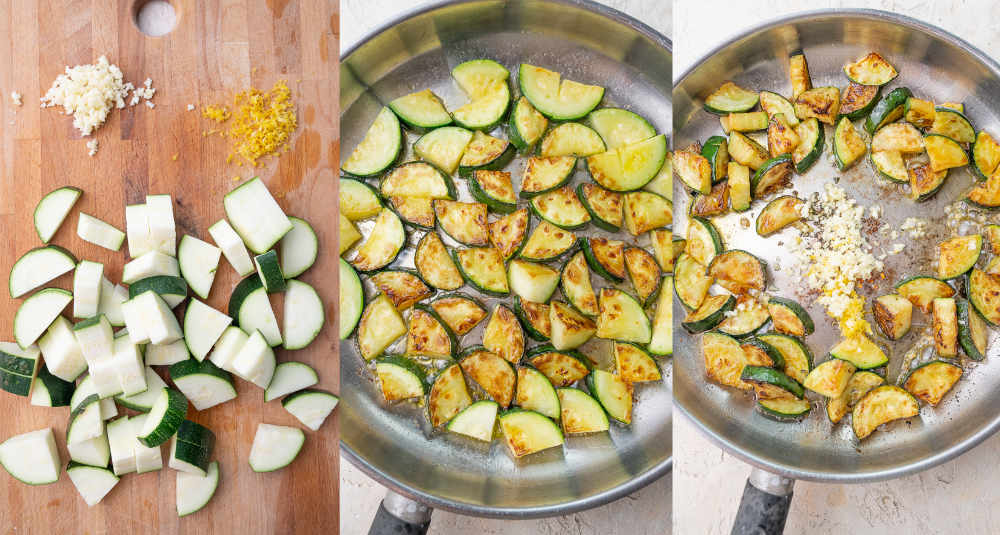 A collage of 3 photos showing how to make sauteed zucchini.