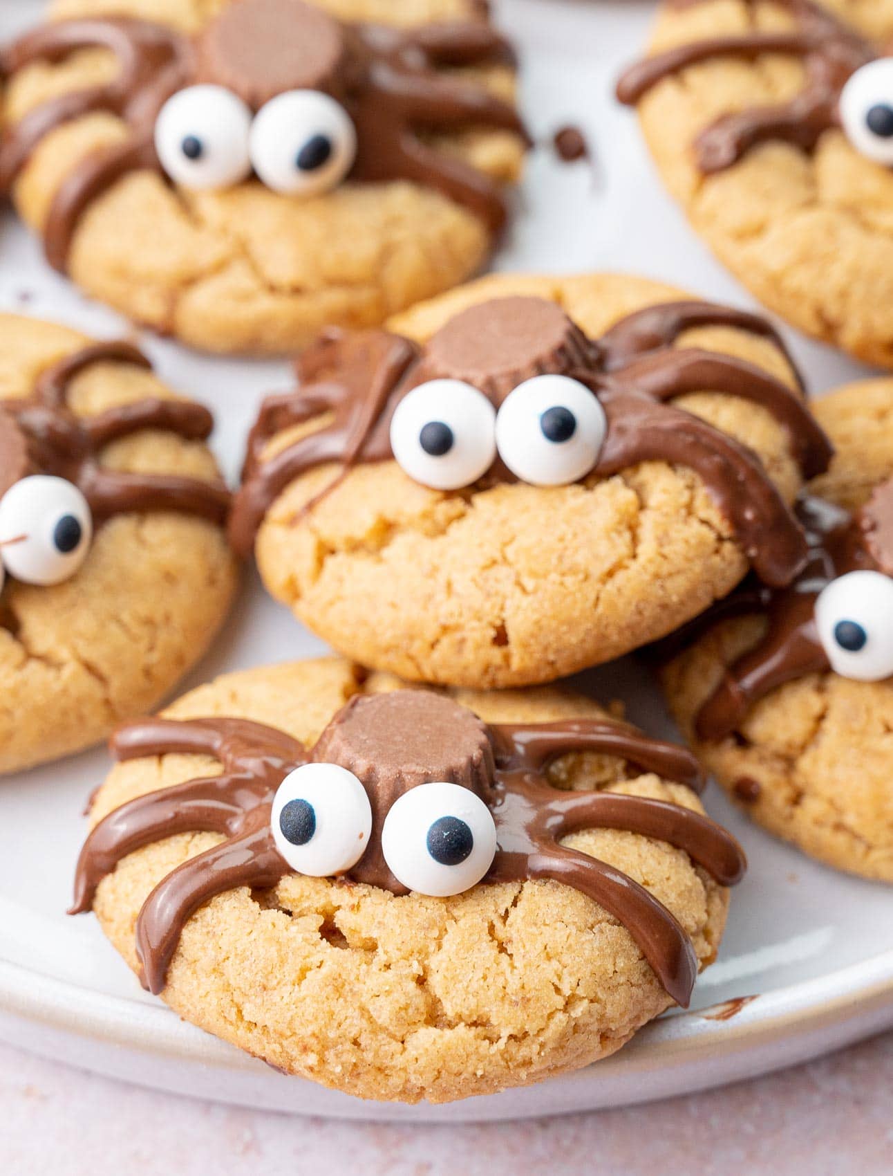A close up photo of spider cookies on a white plate.