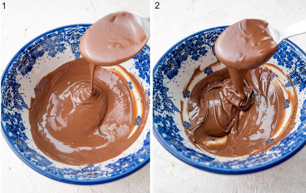 Melted chocolate in a blue bowl.