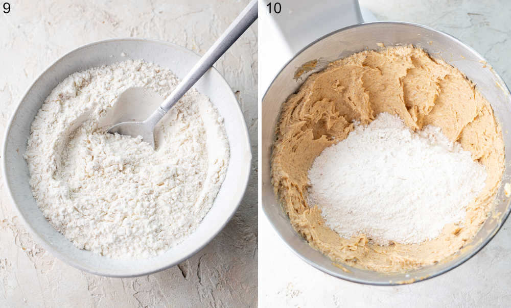 Flour in a bowl. Cookie batter with flour in a bowl.