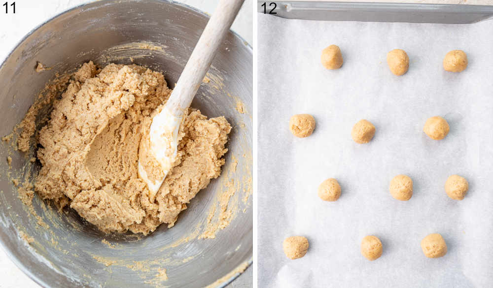 Cookie batter in a bowl. Cookie balls on a parchment paper.