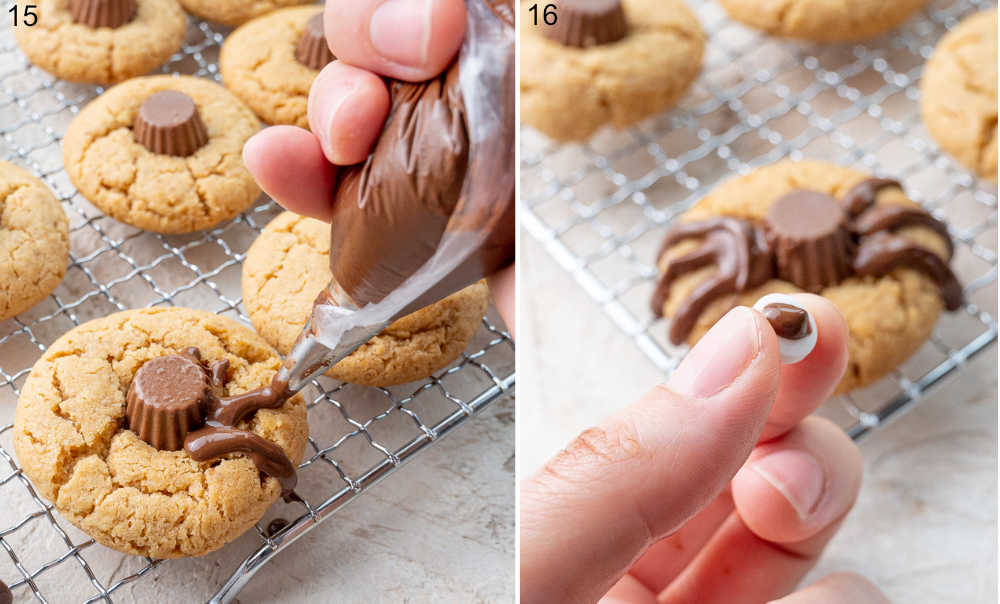 Melted chocolate is being piped onto peanut butter cookies.