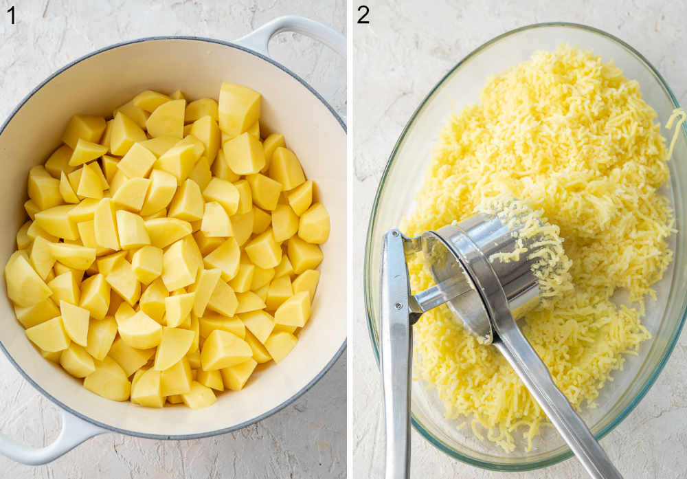 Cubed potatoes in a white pot. Riced potatoes and a potato ricer in a casserole dish.