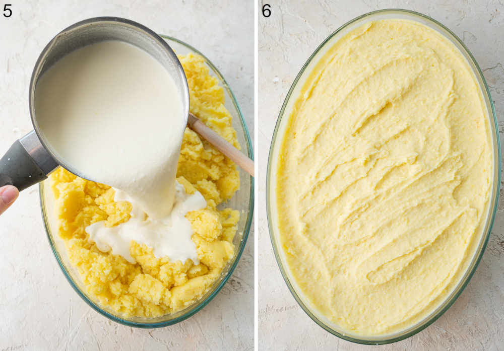 Milk and cream mixture is being added to mashed potatoes. Mashed potatoes ready to be baked in a baking dish.