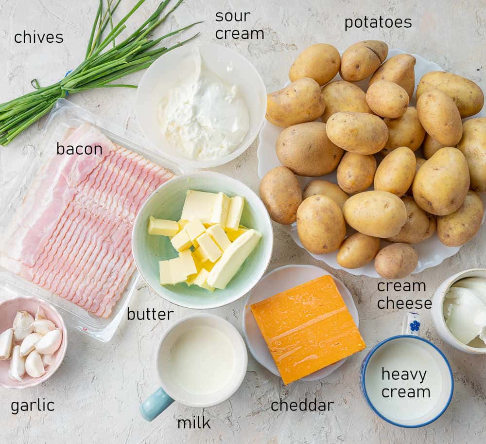Labeled ingredients for loaded mashed potato casserole.