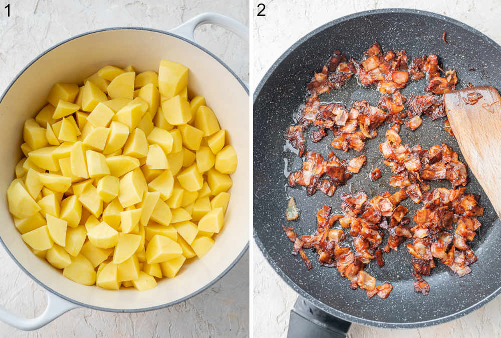 Diced potatoes in a pot. Cooked bacon in a pan.