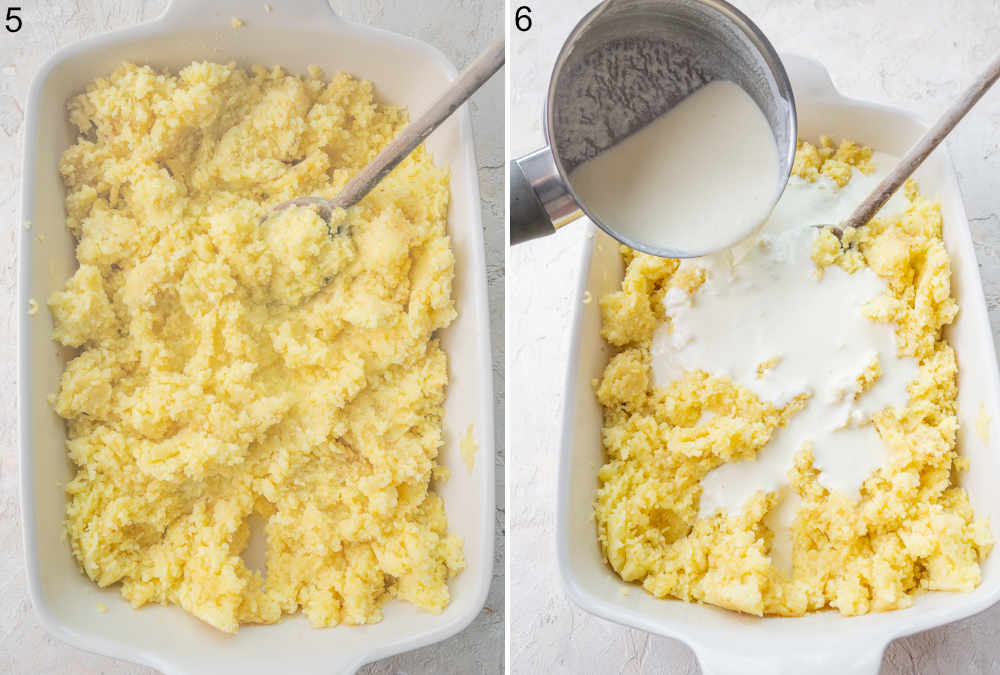Mashed potatoes with butter in a casserole dish. Hot cream and milk are being added to potatoes.