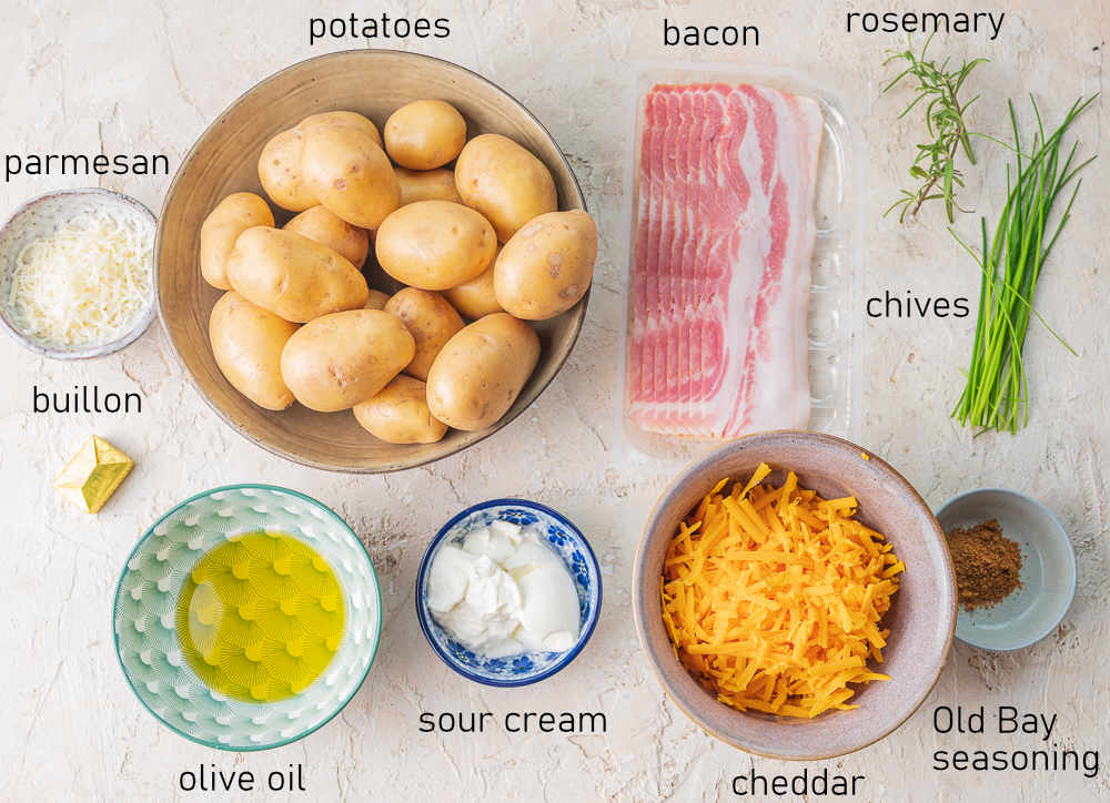 Labeled ingredients for Loaded Smashed Potatoes.