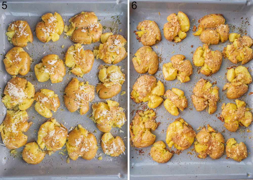 Smashed potatoes topped with spices and parmesan on a baking sheet.