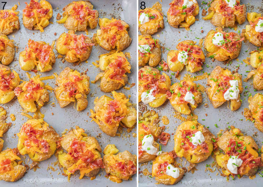 Smashed potatoes topped with cheddar, bacon, sour cream and chives on a baking sheet.