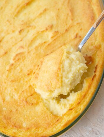 Make-ahead mashed potatoes in a casserole dish.