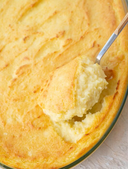 Make-ahead mashed potatoes in a casserole dish.
