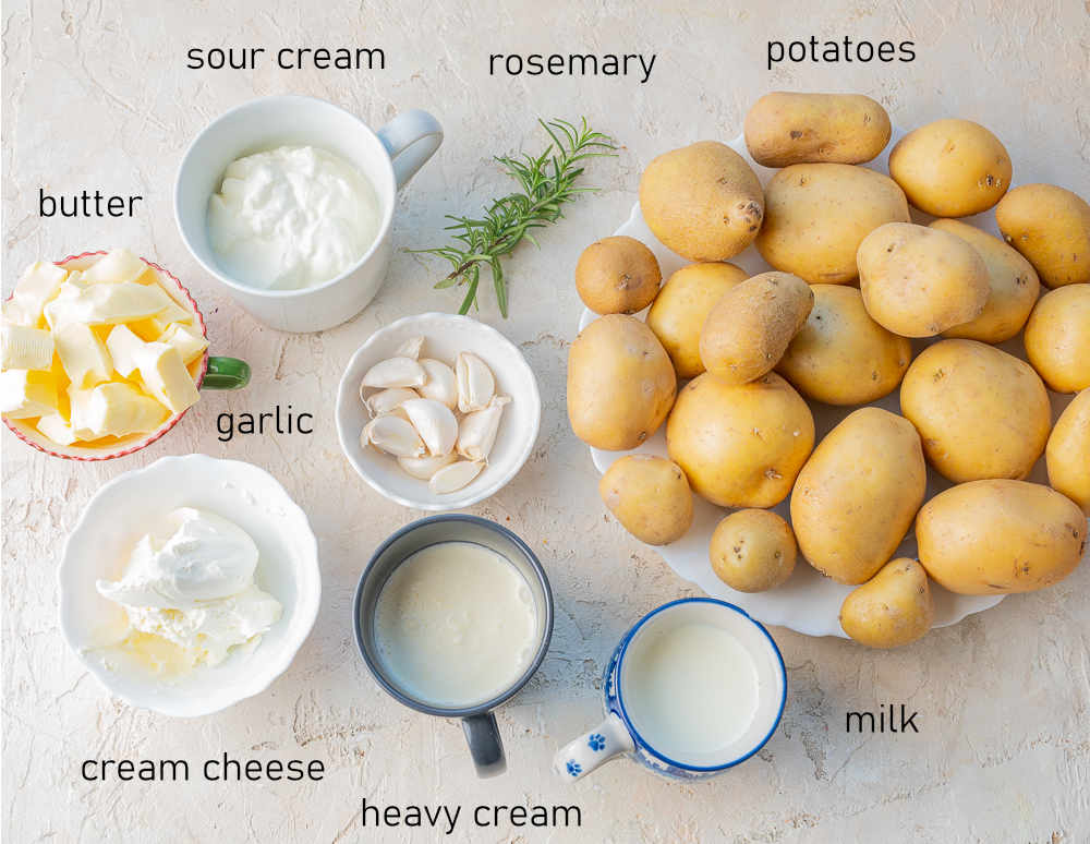 Labeled ingredients for make-ahead mashed potatoes.