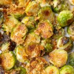 Parmesan roasted Brussels sprouts pinnable image.