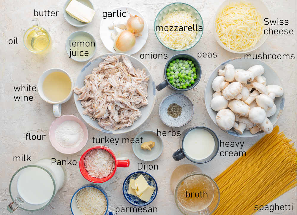 Labeled ingredients needed to prepare Turkey Tetrazzini.