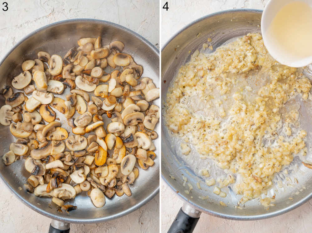 Sauteed mushrooms in a pan. Wine is being added to sauteed onions in a pan.