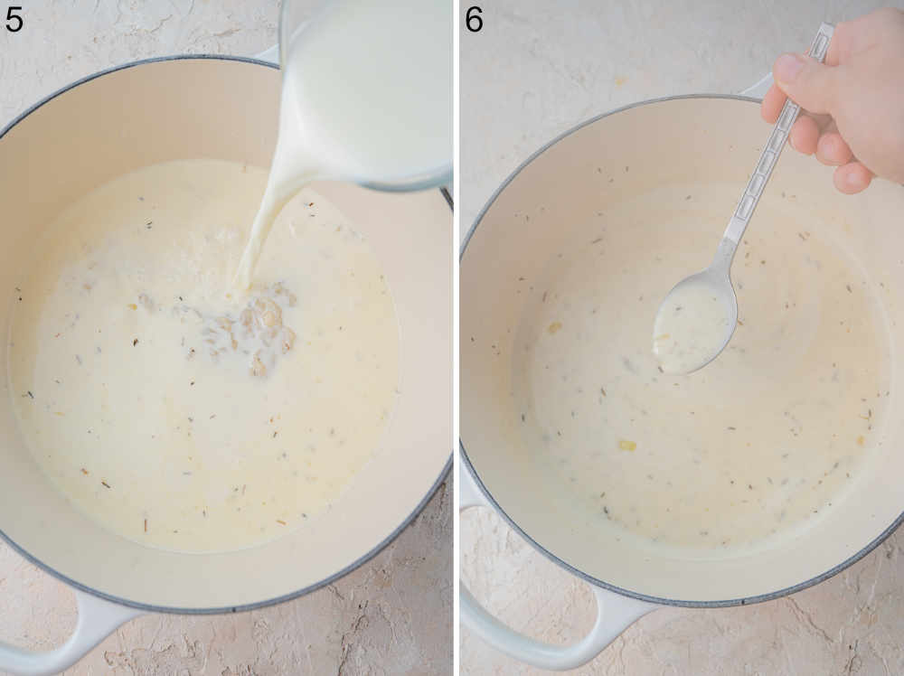 Milk is being added to sauce in a pot. Creamy sauce in a white pot.