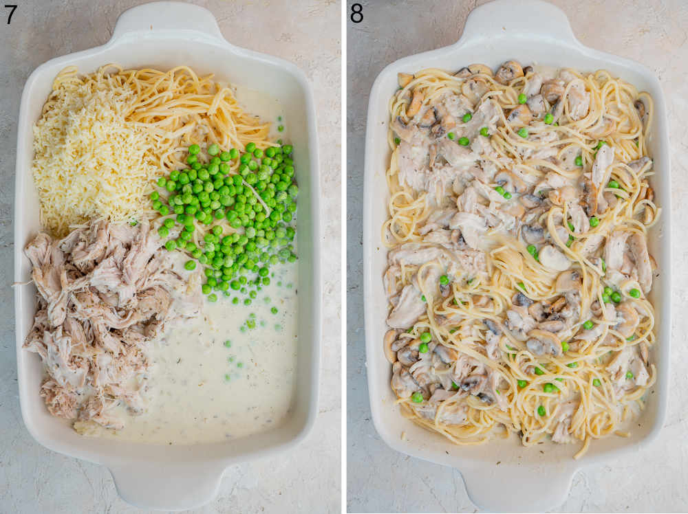 Ingredients for Turkey Tetrazzini in a white baking dish.