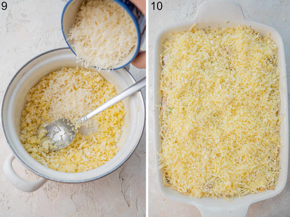 Parmesan Panko topping in a pot. Casserole with parmesan panko topping ready to be baked.