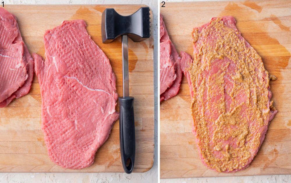 Flattened beef steak on a wooden board. Beef fillet with mustard.
