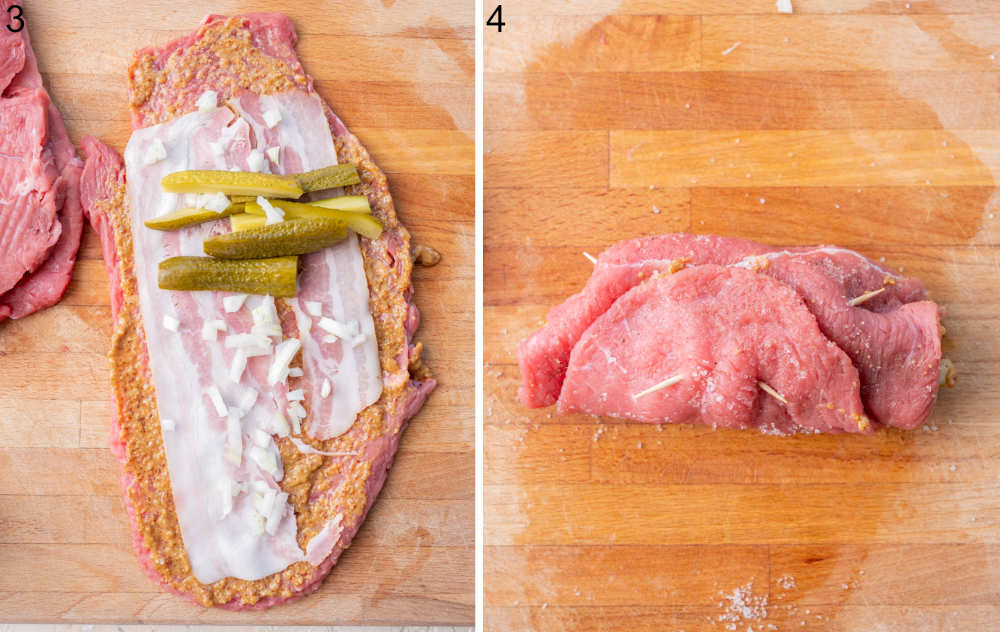 Flattened beef steak topped with mustard, bacon, pickles and onions. Rolled up beef steak.