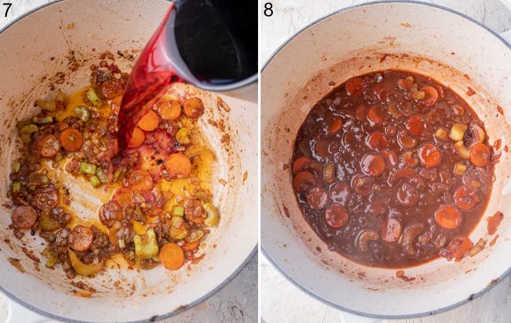 Red wine is being added to sauteed vegetables in a pot. Reduced red wine sauce with vegetables in a pot.