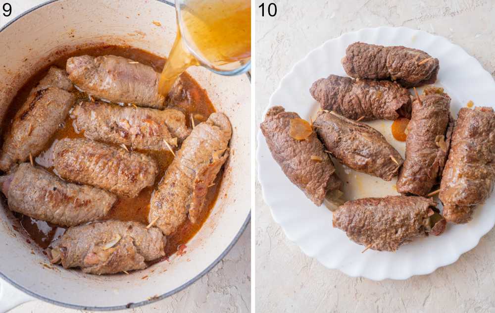 Beef broth is being added to Rouladen in a pot. Cooked Rouladen on a white plate.