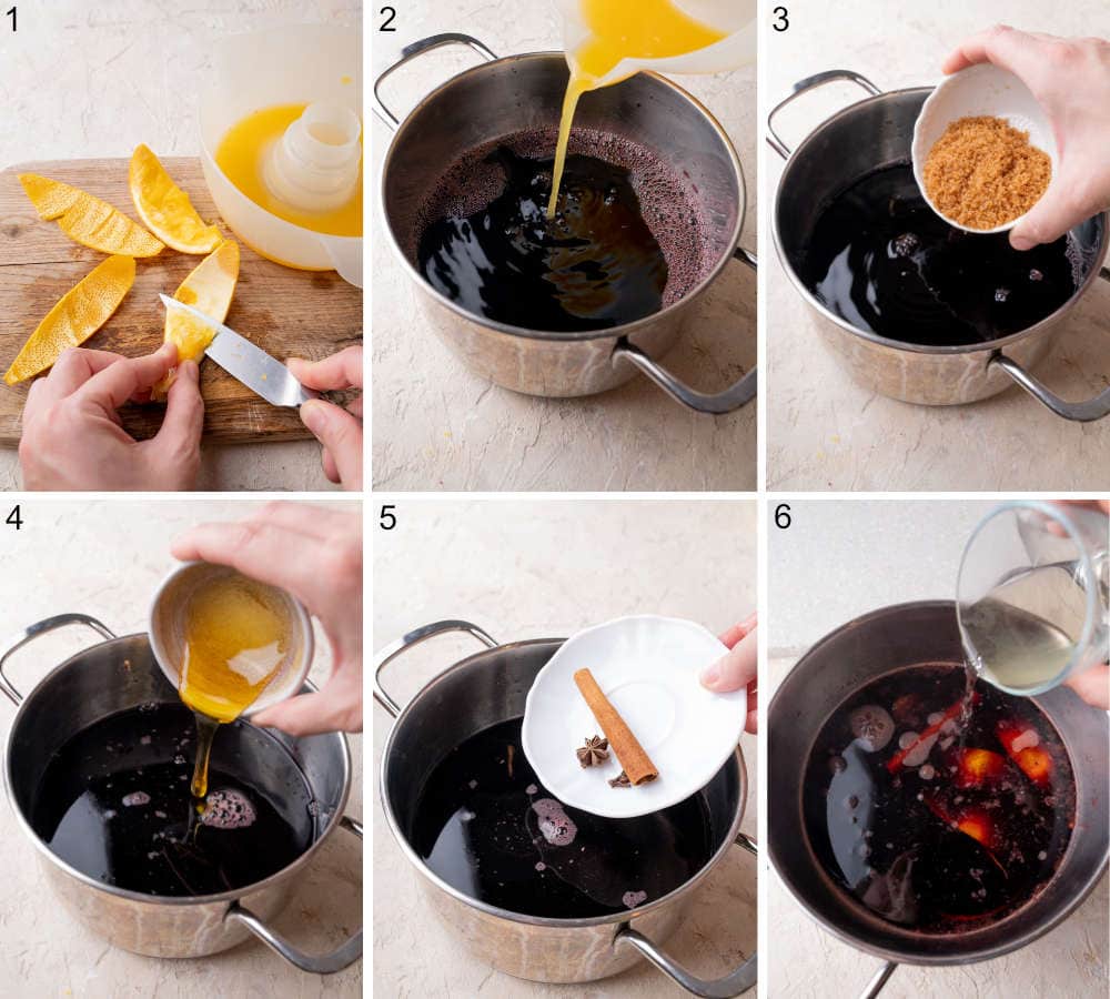 A collage of 6 photos showing how to make Glühwein step by step.