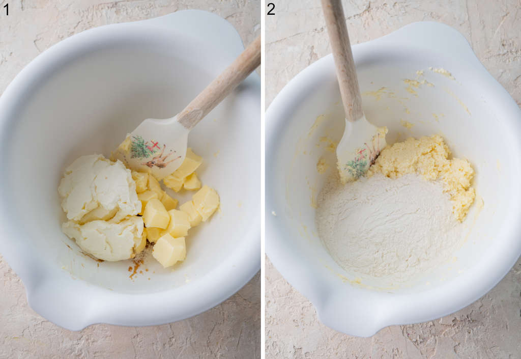 Ingredients for pastry dough in a white bowl.