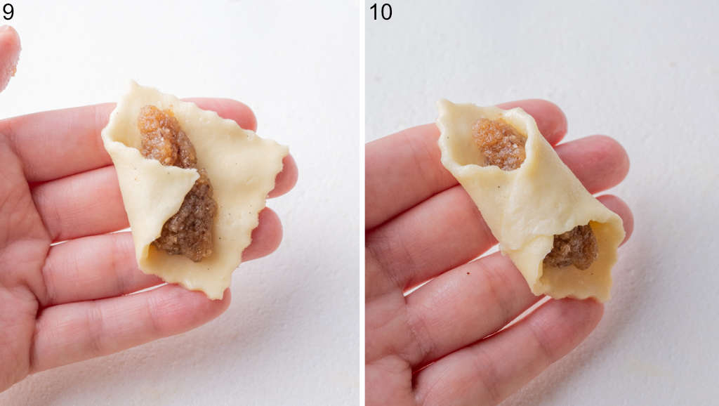 A collage of 2 photos showing how to fold kolaczki cookies.