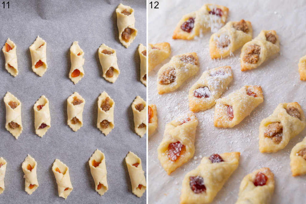 Kolaczki cookies ready to be baked. Baked kolaczki cookies are sprinkled with powdered sugar.