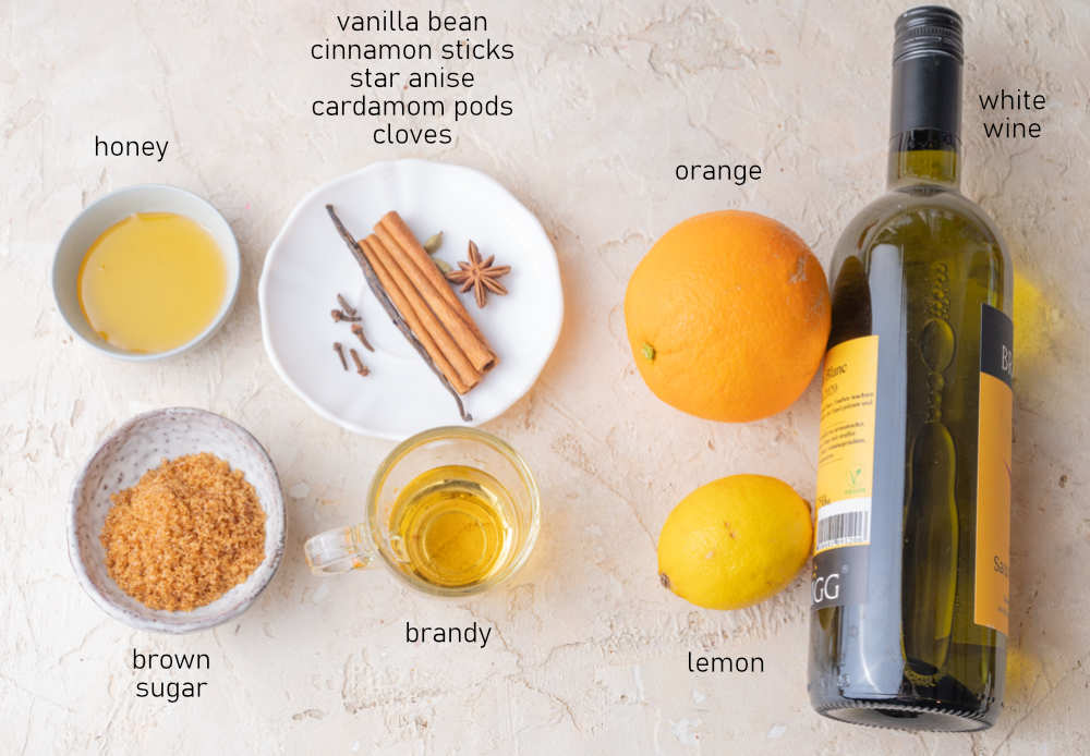 Labeled ingredients needed to prepare mulled white wine.
