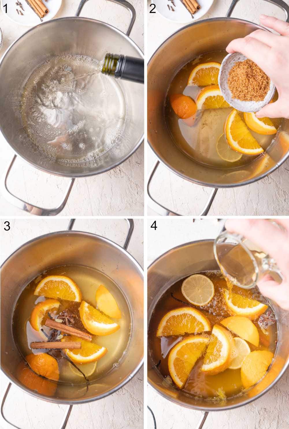 A collage of 4 photos showing how to prepare mulled white wine step by step.