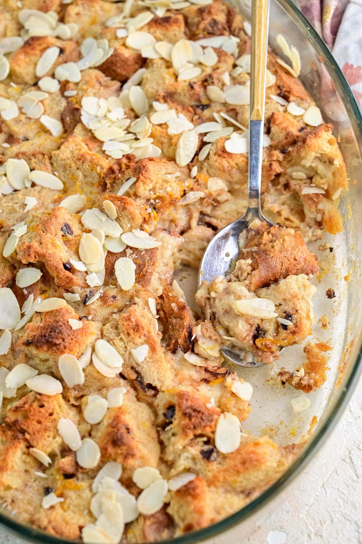Panettone bread pudding in a baking dish.