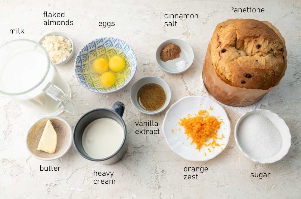 Labeled ingredients for Panettone bread pudding.