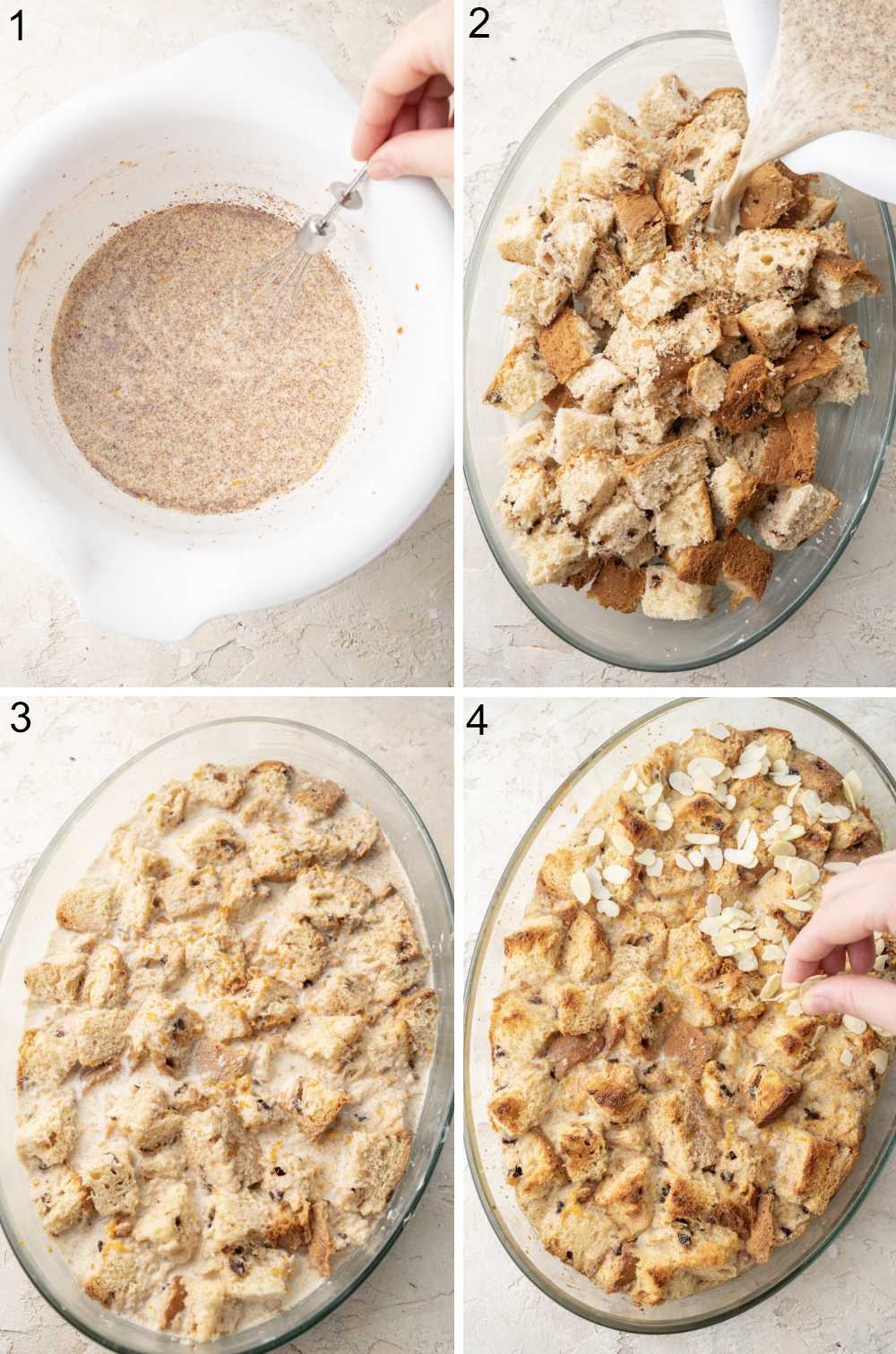 A collage of 4 photos showing how to prepare Panettone bread pudding step by step.