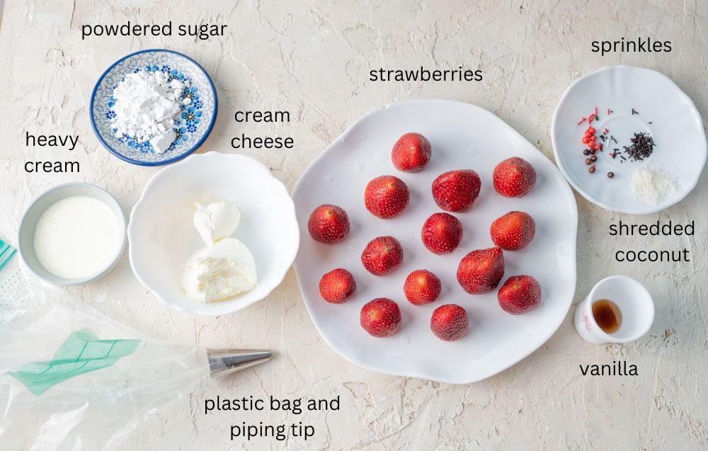 Labeled ingredients for santa strawberries.