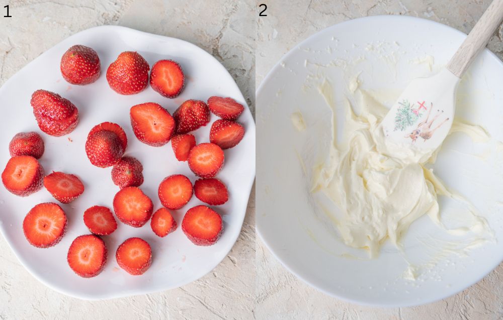 Strawberries on a plate. Cream cheese filling in a bowl.
